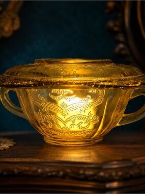 Vintage Amber Ornate Handled Bowl & Plate Fairy Lamp